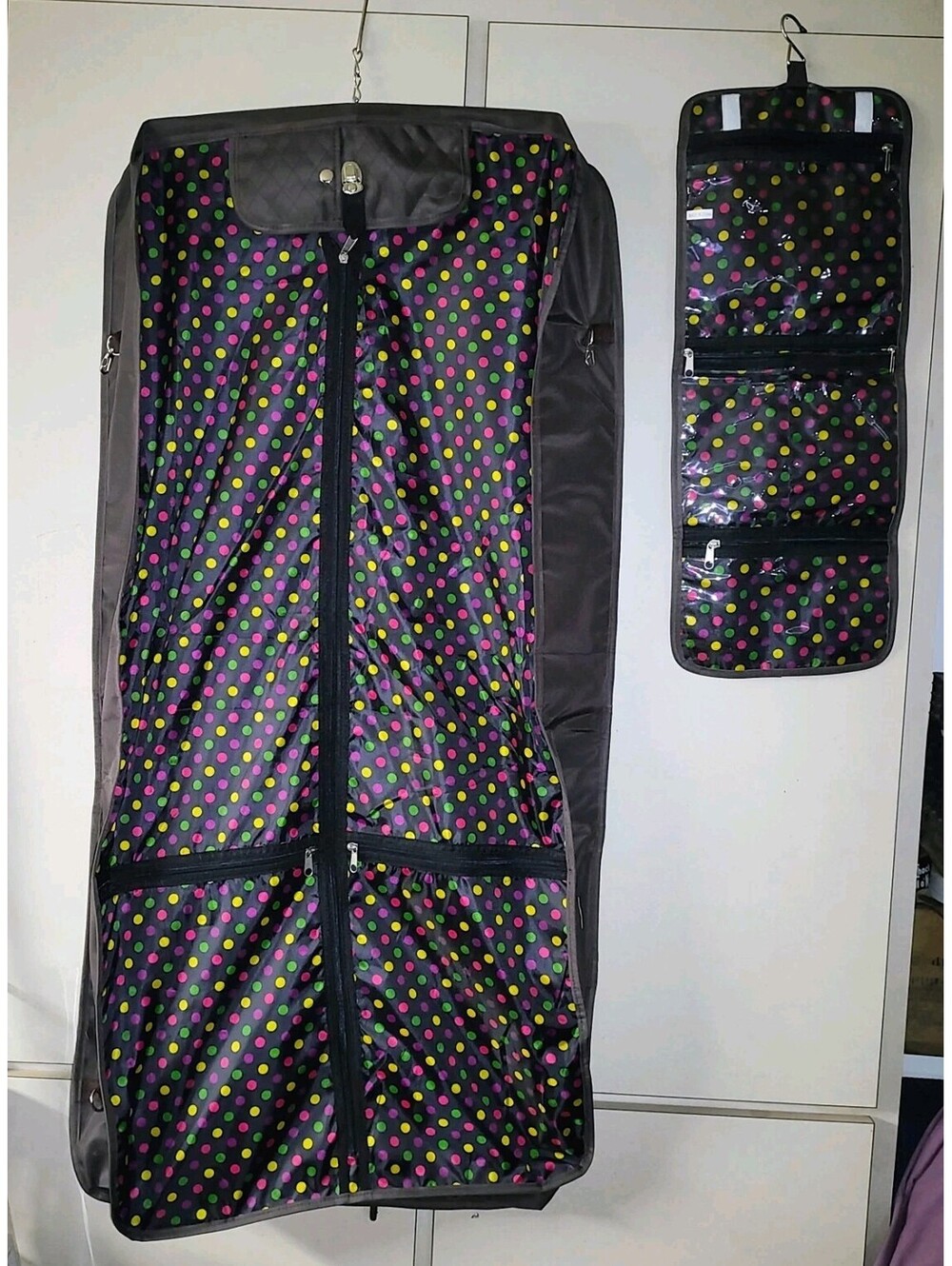 Large Brown / Polkadots Garment Bag with Cosmetic Carrier Mithra Brand NWT